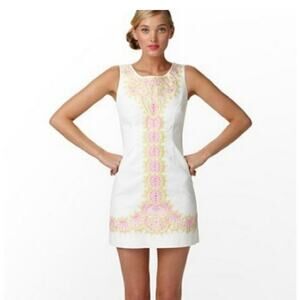 Lilly Pulitzer White Pink Yellow Delia Mini Shift Dress Sleeveless Sz 10 N
